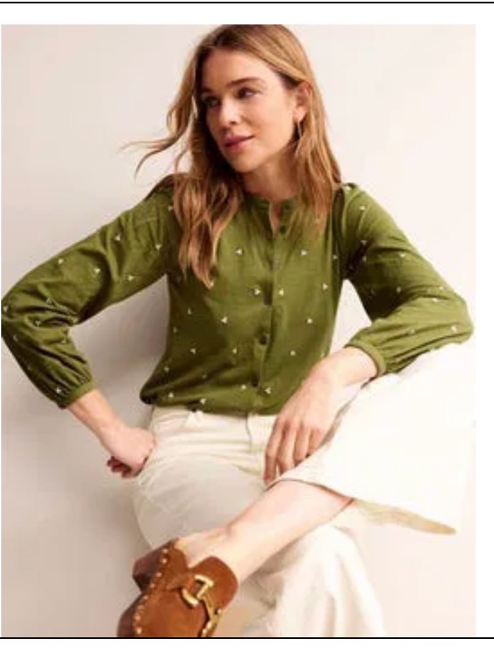 Boden Marina Olive Green Embroidered Button Down Blouse Size 8